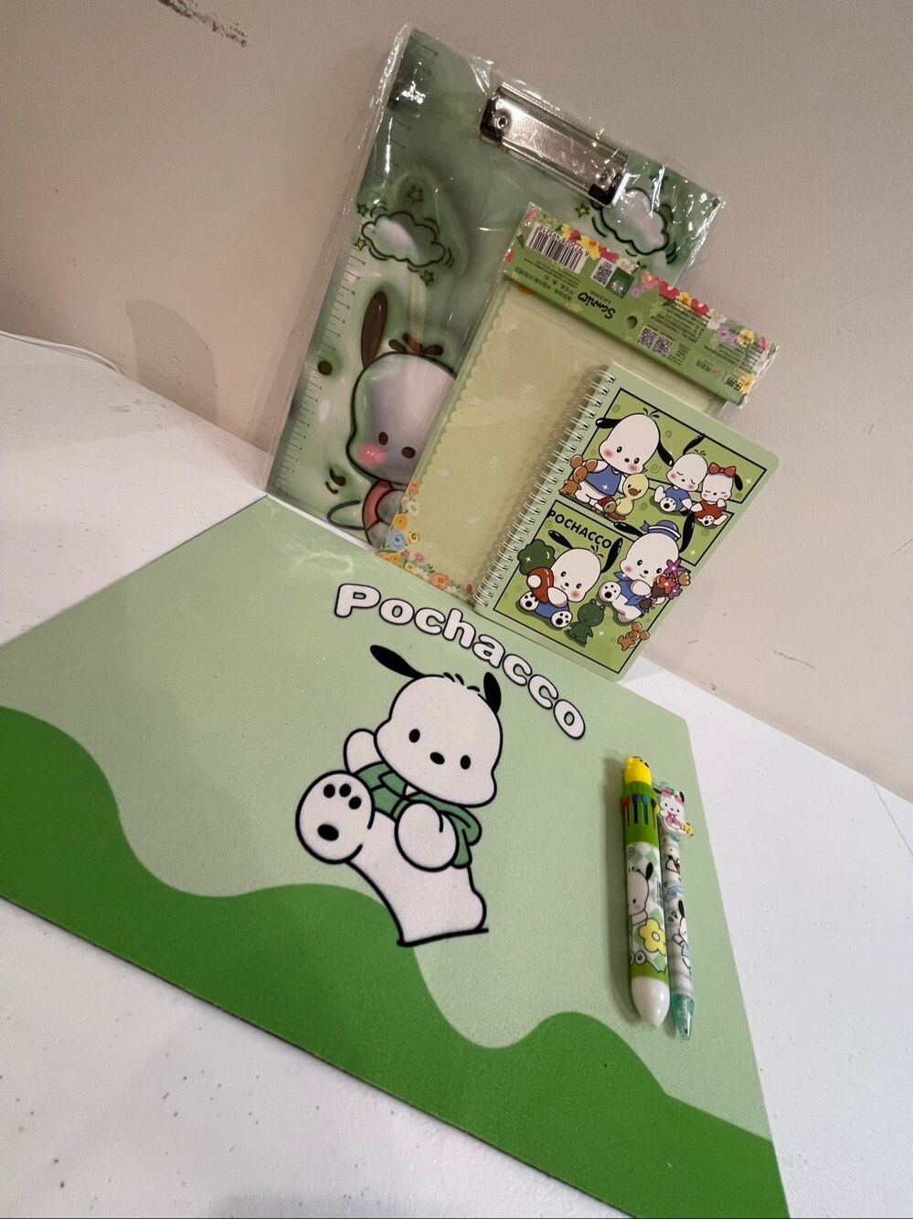 Sanrio Pochacco Stationery Bundle Desk Mouse Pad Clipboard Notebook Pens New